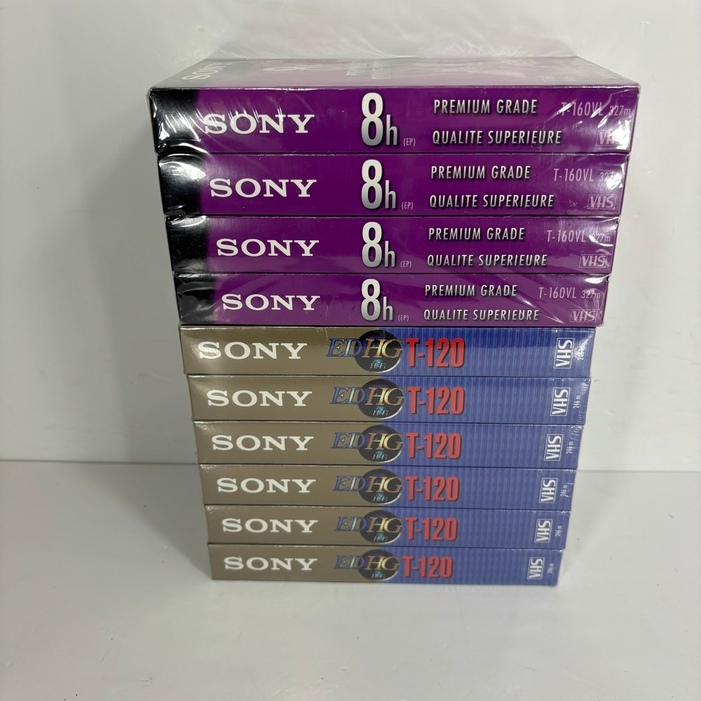 Sony VHS Blank Tapes 10 Pack T-120 EDHG T-160VL New Sealed Retro Media Bundle